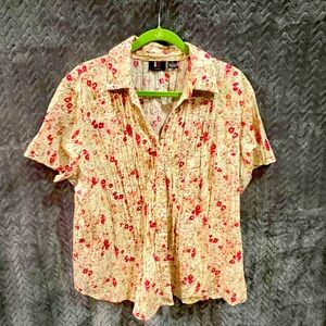 Button down krinkle shirt, ecru with rose colored flowers. Very roomy